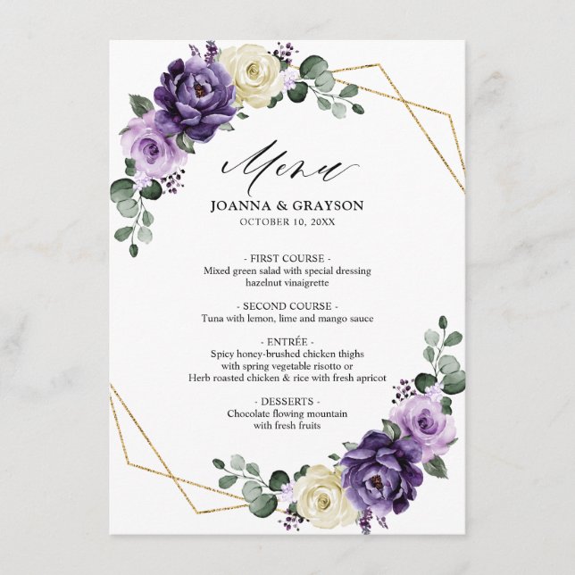 Purple Plum Ivory Gold Floral Geometric Wedding Menu (Front)