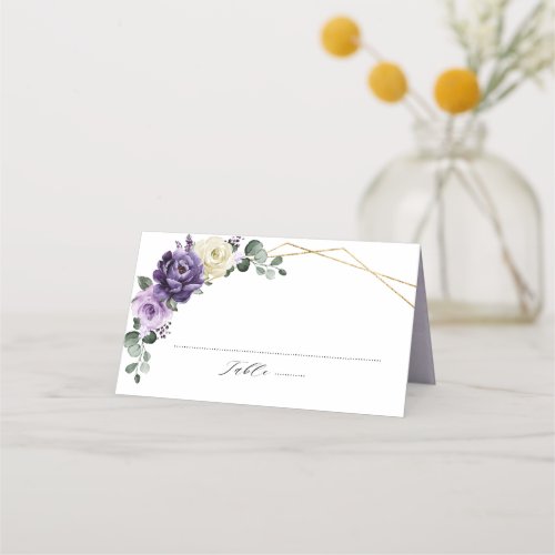 Purple Plum Ivory Gold Floral Geometric Wedding Place Card
