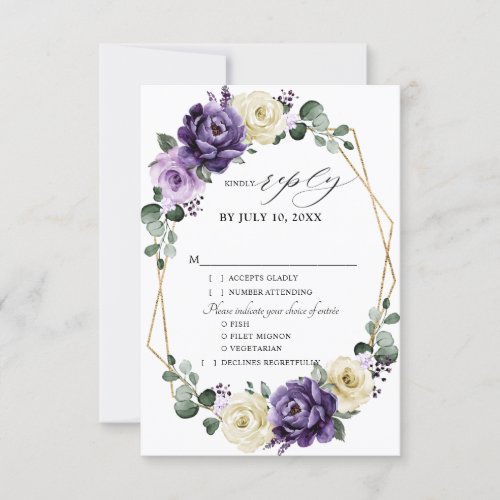 Purple Plum Ivory Gold Floral Geometric Wedding RSVP Card