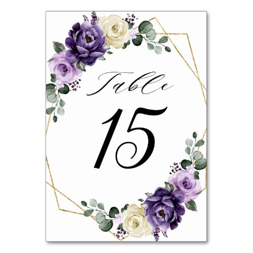 Purple Plum Ivory Gold Floral Geometric Wedding Table Number