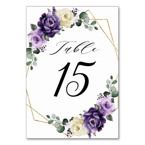 Purple Plum Ivory Gold Floral Geometric Wedding Table Number