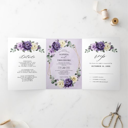 Purple Plum Ivory Gold Floral Geometric Wedding Tr Tri_Fold Announcement