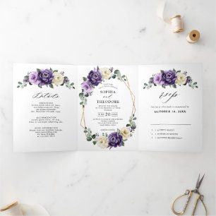 Purple Plum Ivory Gold Floral Geometric Wedding Tri-Fold Announcement