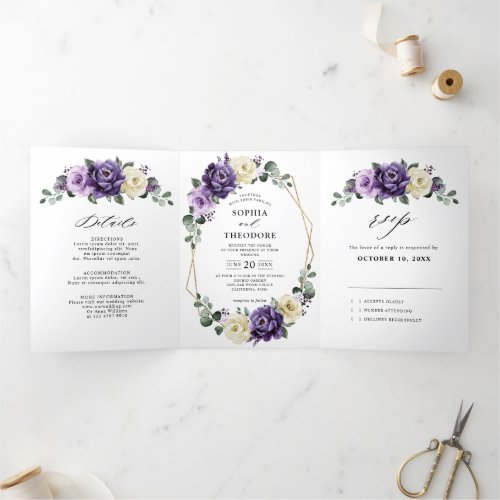 Purple Plum Ivory Gold Floral Geometric Wedding Tri_Fold Announcement