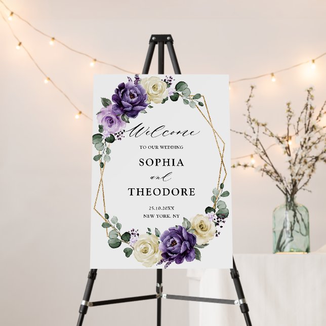 Purple Plum Ivory Gold Geometric Wedding Welcome Foam Board (In Situ (Stand))