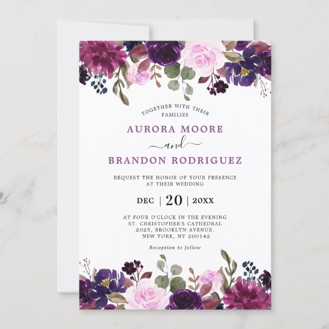 Purple Plum Lavender Eggplant Floral Chic Wedding Invitation (Front)