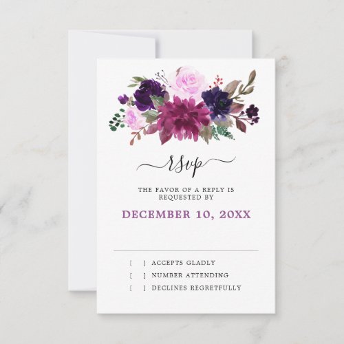 Purple Plum Lavender Eggplant Floral Chic Wedding RSVP Card
