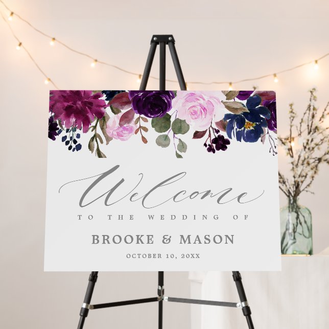 Purple Plum Lavender Floral Rustic Wedding Welcome Foam Board (In Situ (Stand))