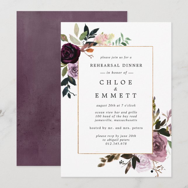 Purple Plum Mauve Pink Rose Rehearsal Dinner Invitation (Front/Back)