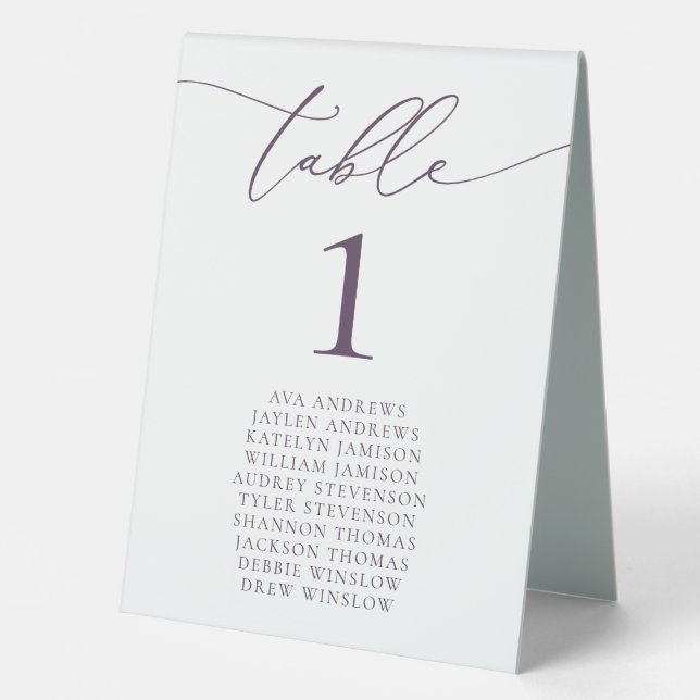 Purple Plum Minimalist Wedding Table Number Tent (Front)