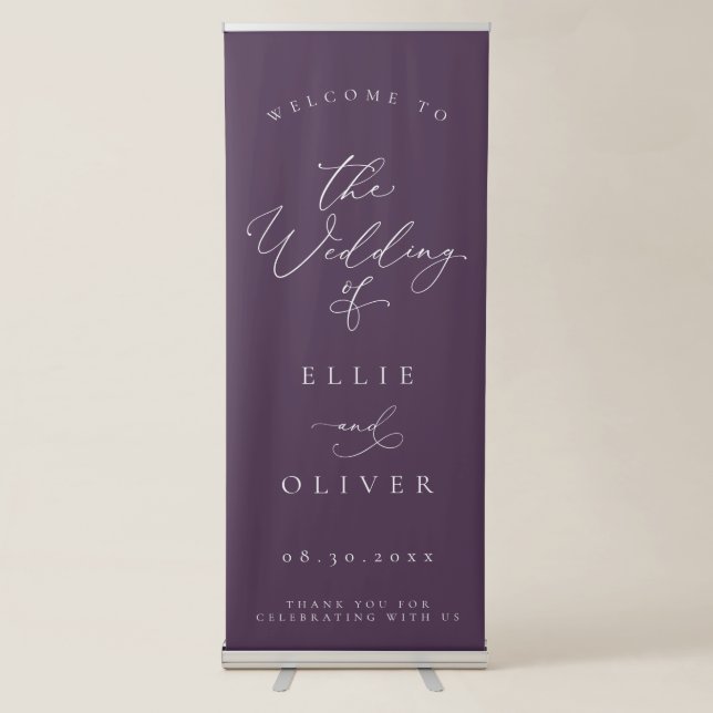 Purple Plum Minimalist Welcome to Our Wedding I Retractable Banner (Front)