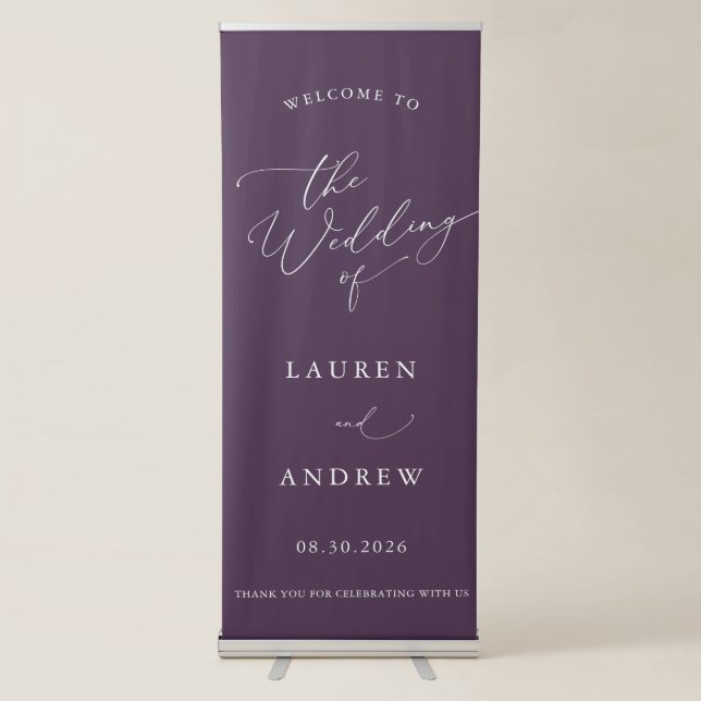 Purple Plum Minimalist Welcome to Our Wedding Retractable Banner (Front)