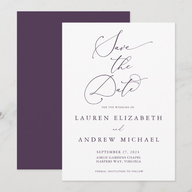 Purple Plum Modern Minimalist Save the Date Invitation (Front/Back)
