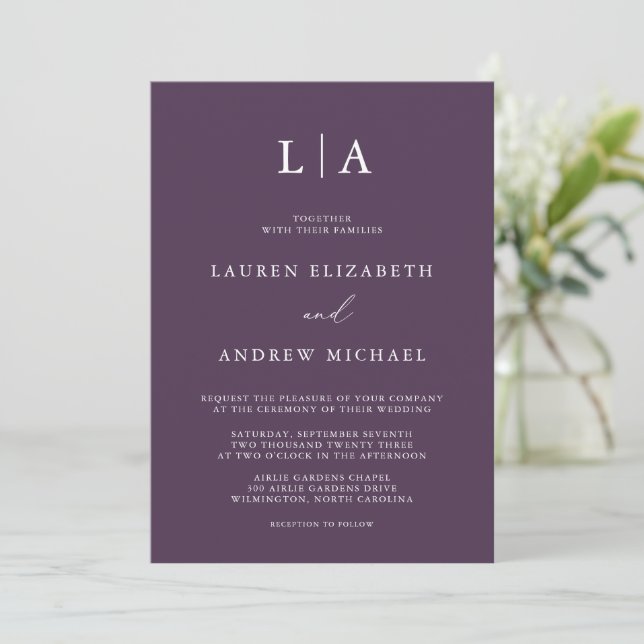 Purple Plum Monogram Simple Minimalist Wedding Invitation (Standing Front)