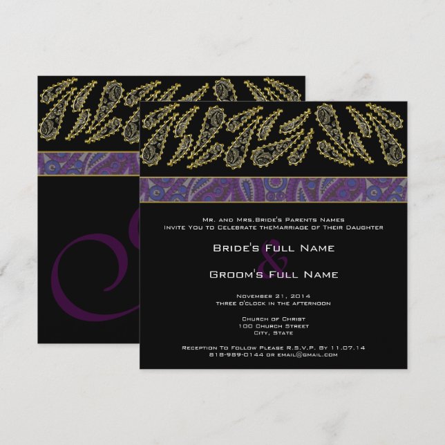 Purple Plum Paisley and Gold Wedding Invitation (Front/Back)