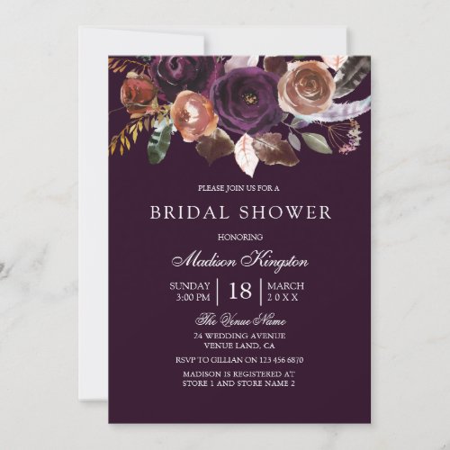 Purple Plum Peach Burgundy Flowers Bridal Shower Invitation