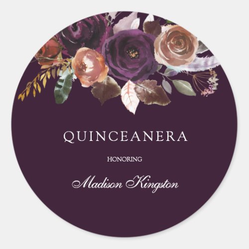 Purple Plum Peach Burgundy Flowers Quinceanera Classic Round Sticker