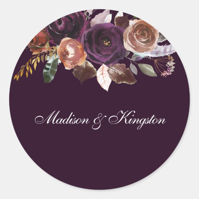 Purple Plum Peach Burgundy Flowers Wedding Name Classic Round Sticker (Front)