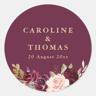 purple plum & peach floral wedding classic round sticker