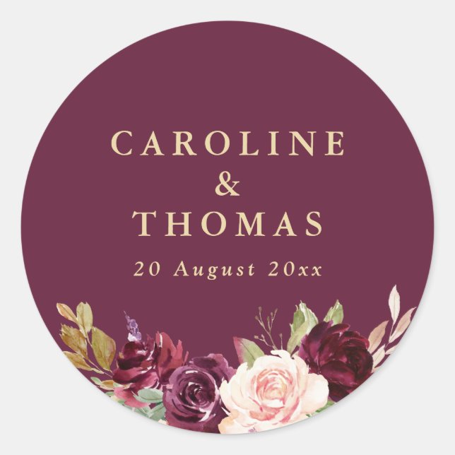 purple plum & peach floral wedding classic round sticker (Front)