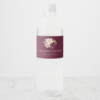 purple plum & peach floral wedding water bottle label