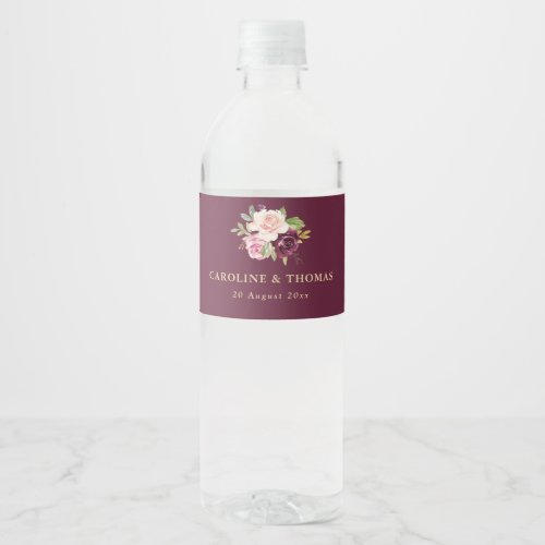 purple plum  peach floral wedding water bottle label