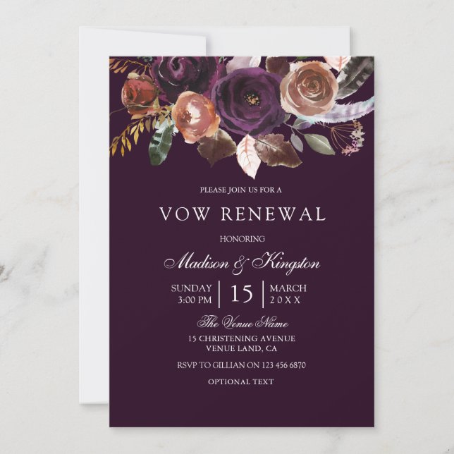 Purple Plum Peach Flower Vow Renewal Invite (Front)