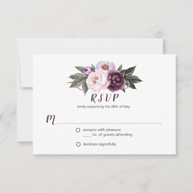 Purple Plum Pink Peonies Bouquet Greenery RSVP #3 Card (Front)