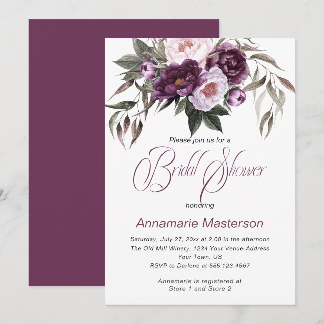 Purple Plum Pink Peonies Bridal Shower Invitation (Front/Back)