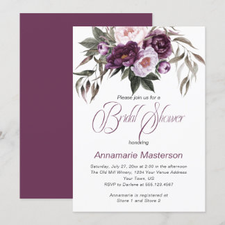 Purple Plum Pink Peonies Bridal Shower Invitation