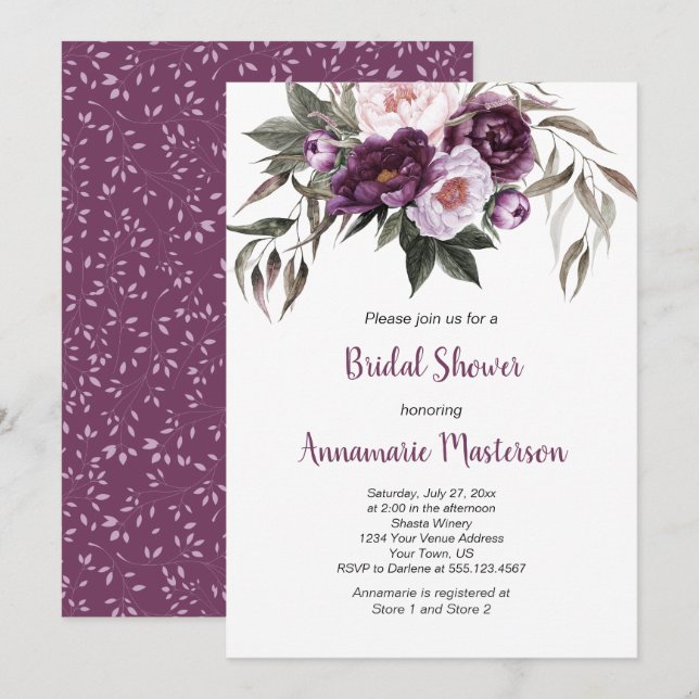 Purple Plum Pink Peonies Greenery Bridal Shower Invitation (Front/Back)