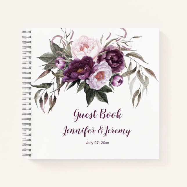 Purple Plum Pink Peonies Greenery Guest Book (Front)