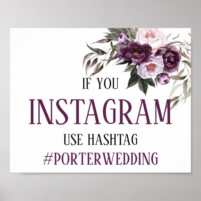 Purple Plum Pink Peonies Instagram Hashtag Wedding Poster (Front)