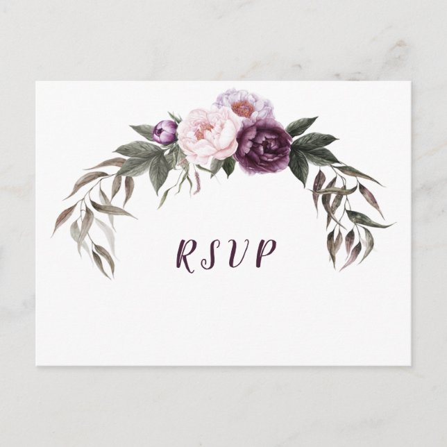 Purple Plum Pink Peonies Wedding RSVP Postcard (Front)