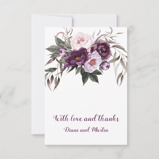 Purple Plum Pink Peonies Wedding Thank You (Front)