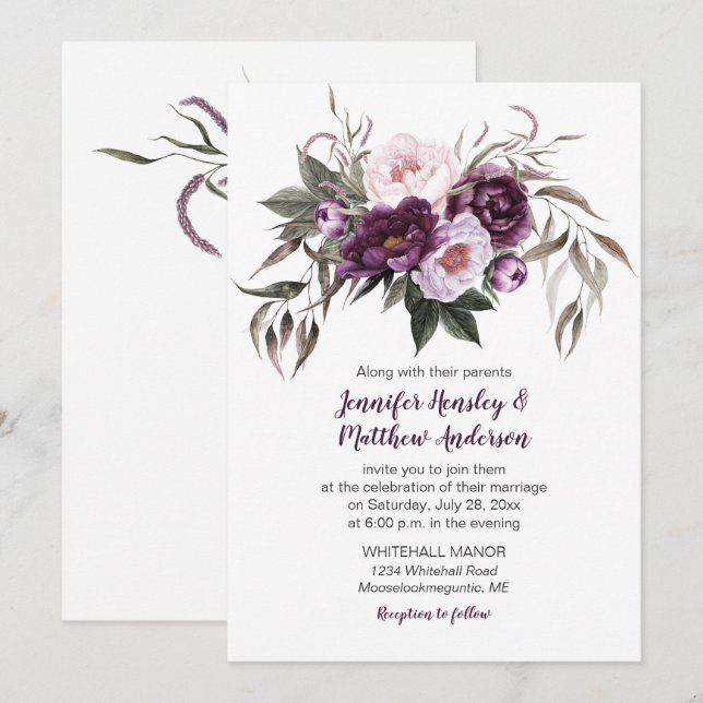 Purple Plum Pink Watercolor Floral Wedding #3 Invitation (Front/Back)