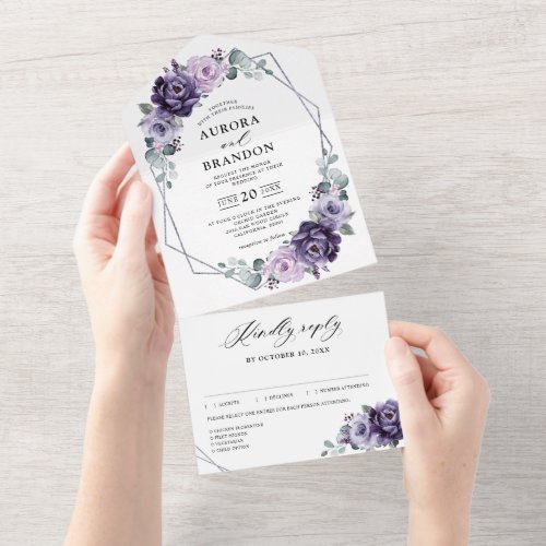 Purple Plum Silver Floral Blooms Geometric Wedding All In One Invitation