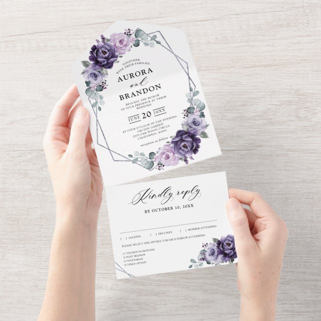 Purple Plum Silver Floral Blooms Geometric Wedding All In One Invitation (Tearaway)