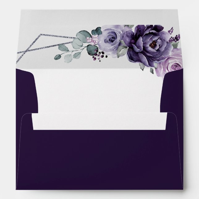 Purple Plum Silver Floral Blooms Geometric Wedding Envelope (Back (Bottom))