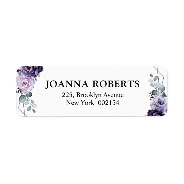 Purple Plum Silver Floral Blooms Geometric Wedding Label (Front)