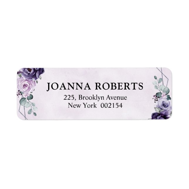 Purple Plum Silver Floral Blooms Geometric Wedding Label (Front)