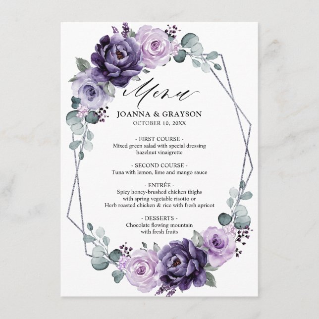 Purple Plum Silver Floral Blooms Geometric Wedding Menu (Front)