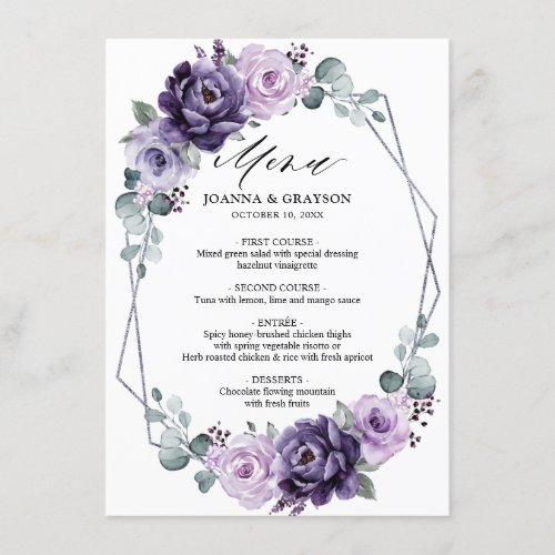 Purple Plum Silver Floral Blooms Geometric Wedding Menu