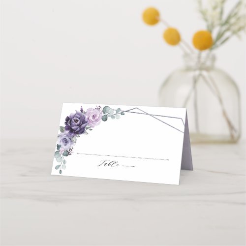 Purple Plum Silver Floral Blooms Geometric Wedding Place Card
