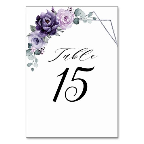 Purple Plum Silver Floral Blooms Geometric Wedding Table Number