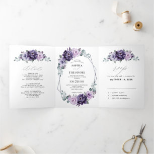 Purple Plum Silver Floral Blooms Geometric Wedding Tri-Fold Announcement