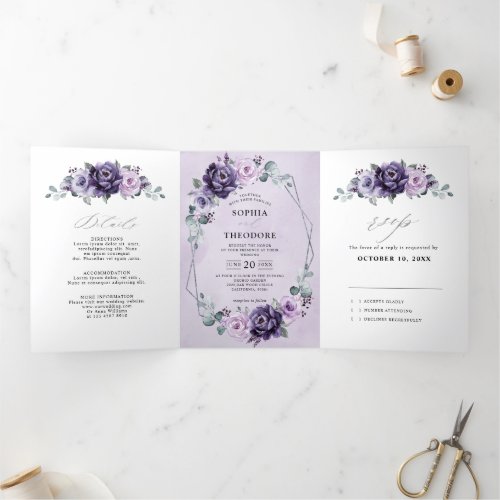 Purple Plum Silver Floral Blooms Geometric Wedding Tri_Fold Announcement