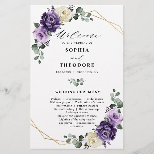 Purple Plum Silver Floral Blooms Wedding Program
