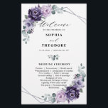 Purple Plum Silver Floral Blooms Wedding Program<br><div class="desc">Elegant and modern floral midsummer wedding program features a bouquet of watercolor roses peonies in shades of purple plum, dusty rose, dusty pink , mauve, sage with lush green botanical leaves and eucalyptus with silver geometric background. Please find more matching designs and variations from my "blissweddingpaperie" store. And feel free...</div>