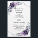 Purple Plum Silver Floral Blooms Wedding Program<br><div class="desc">Elegant and modern floral midsummer wedding program features a bouquet of watercolor roses peonies in shades of purple plum, dusty rose, dusty pink , mauve, sage with lush green botanical leaves and eucalyptus with silver geometric background. Please find more matching designs and variations from my "blissweddingpaperie" store. And feel free...</div>